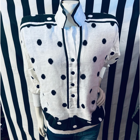 Side Effects 80s Vintage Cotton Knit / Linen Polka Dot Shoulder Pad Cardigan - Picture 2 of 8